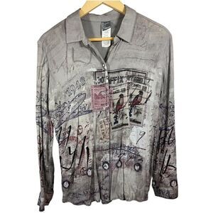 SIMPLY ART BY DOLCEZZA Women’s Postage Stamp Button Down Shirt Taupe Size Medium